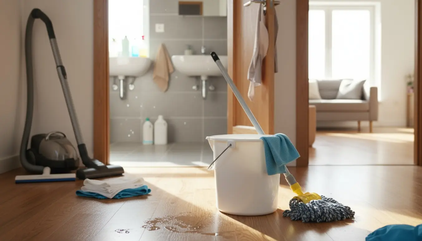 Spand, moppe og rengøringsklude i et lyst hjem med trægulv, køkken og klinkebadeværelse i baggrunden.