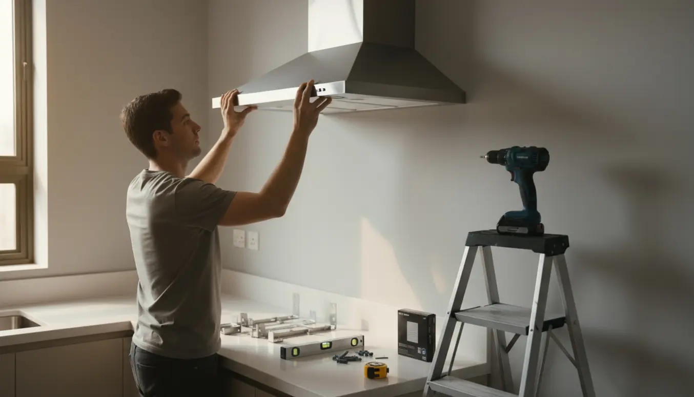 Væghængt emhætte i rustfrit stål monteres på en bar væg med værktøj og hænder synlige.