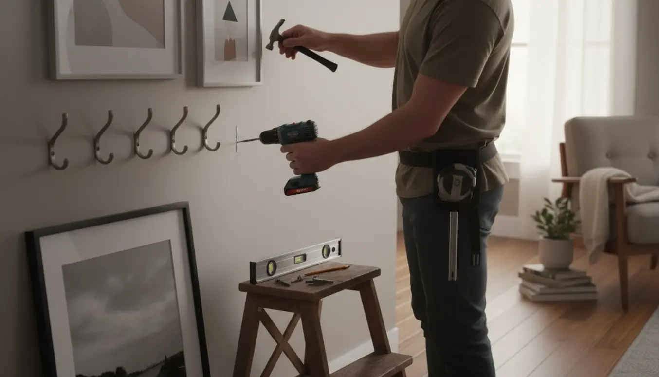 Hænder hænger tre billedrammer op og monterer knager på en væg i naturligt lys.