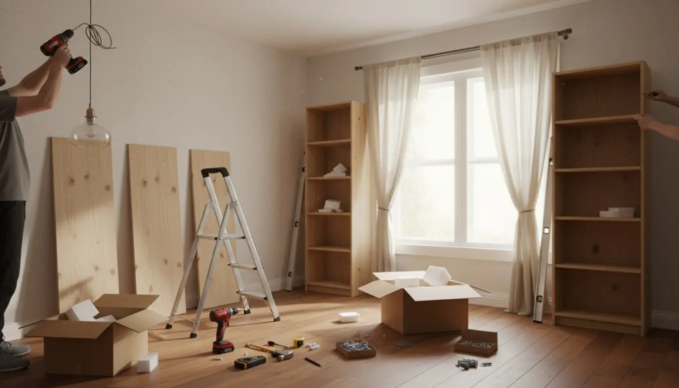 Hænder monterer lamper, gardinstang og reoler i en solbelyst stue med værktøj på gulvet.