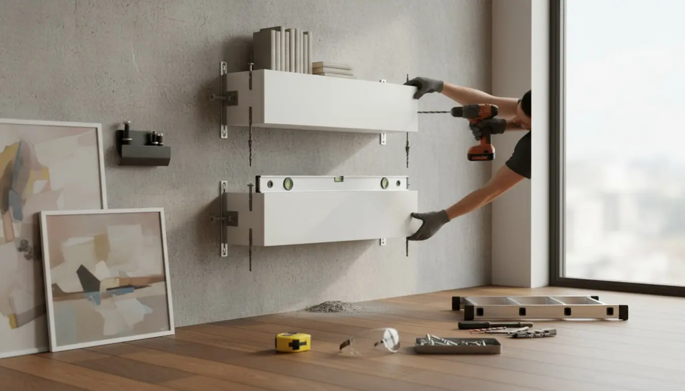 Nærbillede af ophængning af hvide væghylder på en betonvæg med bore- og monteringsværktøj.