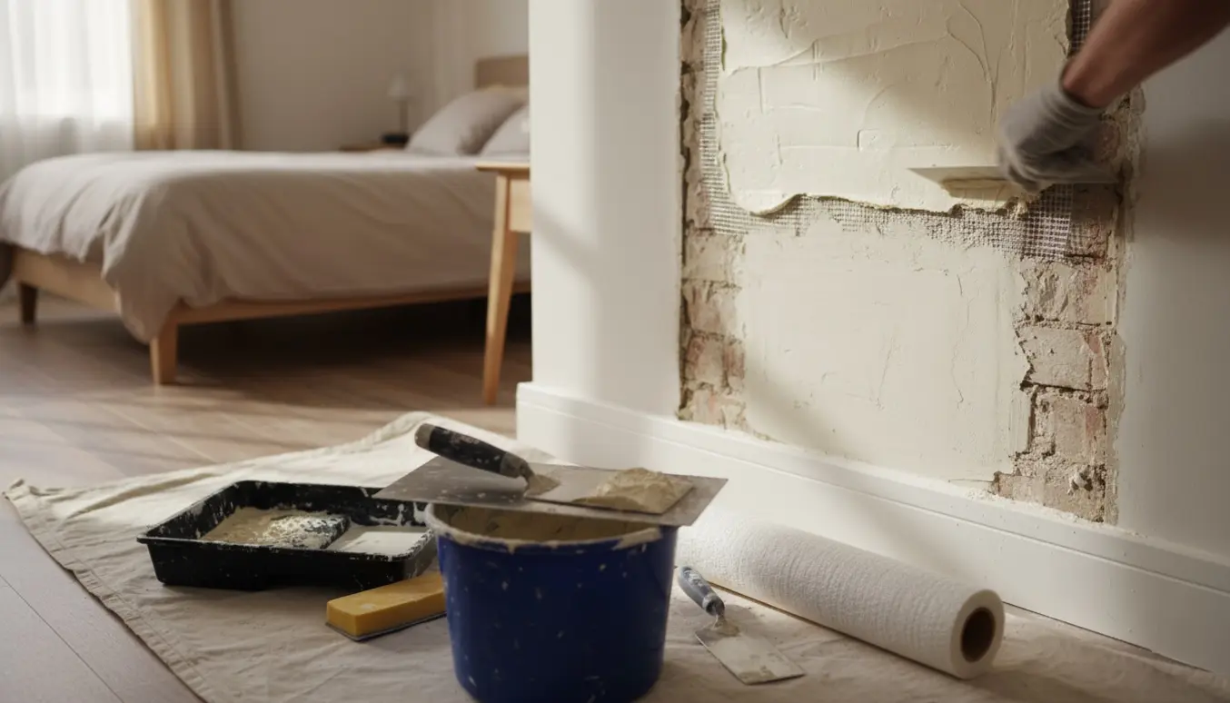 Soveværelse under renovering med håndværker, der spartler og forbereder to lapninger efter fjernet pejs.