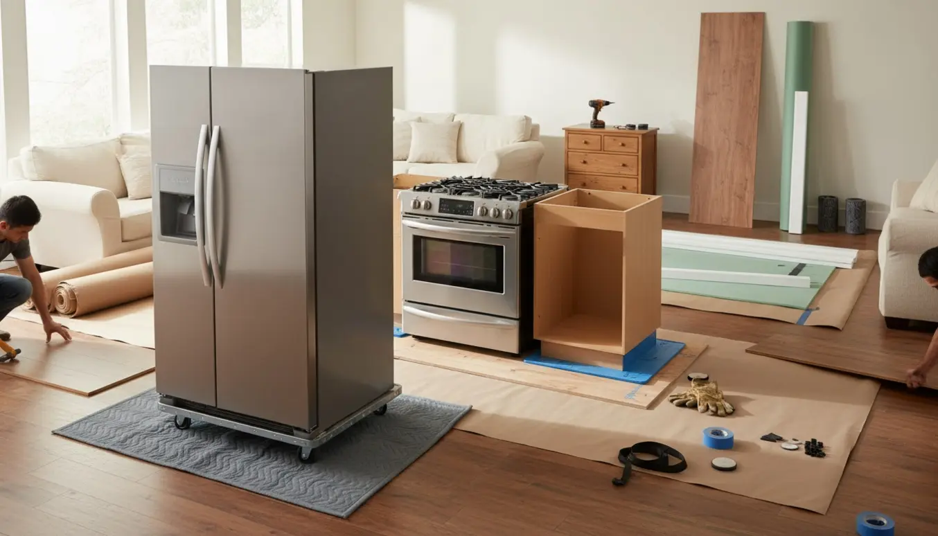 Kølefryseskab, komfur og køkkenbord midlertidigt placeret i en lys stue på flytteunderlag med nye gulvplanker klar.