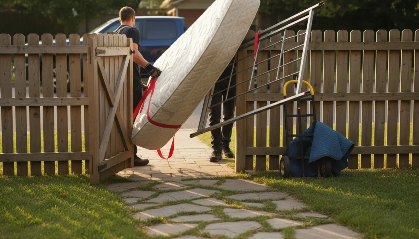 To personer bærer en stor seng gennem en åben havelåge i en solrig baghave.