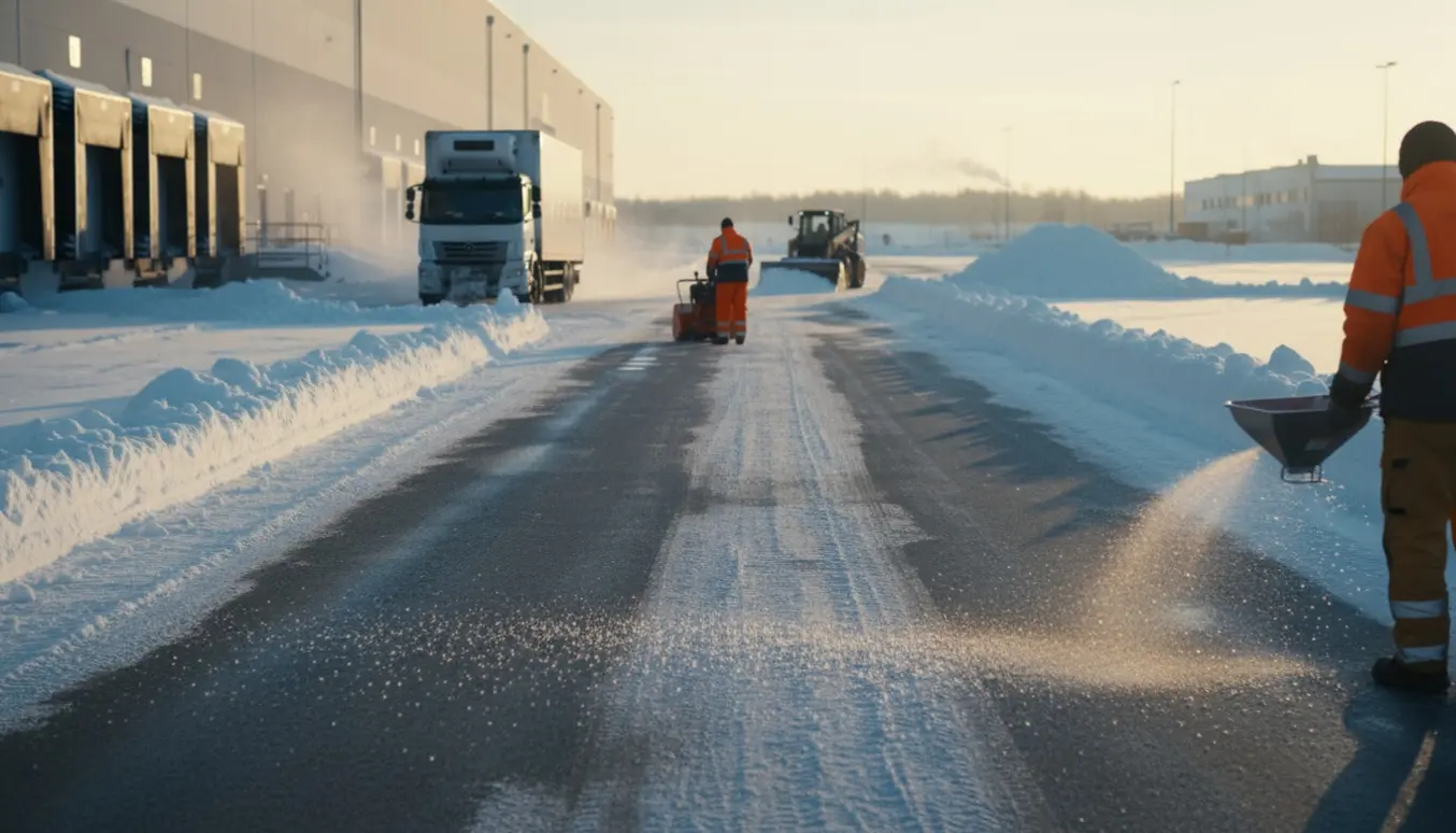 Rydning af sne ved lagerhaller med ryddet køreareal, snedriver langs fortovet og maskiner i arbejde.
