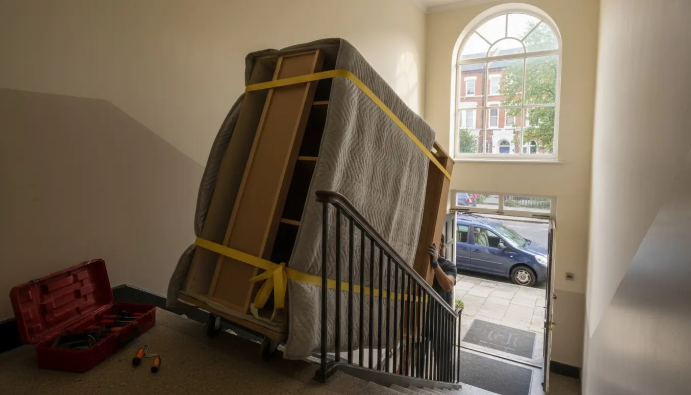 Delvist afmonteret garderobe bæres ned ad trappe fra 4. sal mod rækkehus med flyttetæpper og tralle.