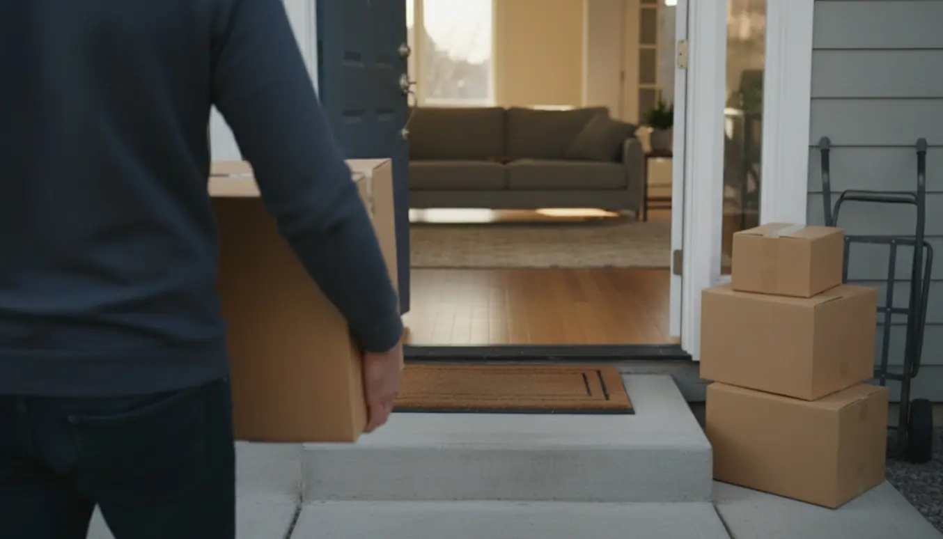 Person bærer en kasse fra fortovet ind i en lys stue, ansigtet er ikke synligt.