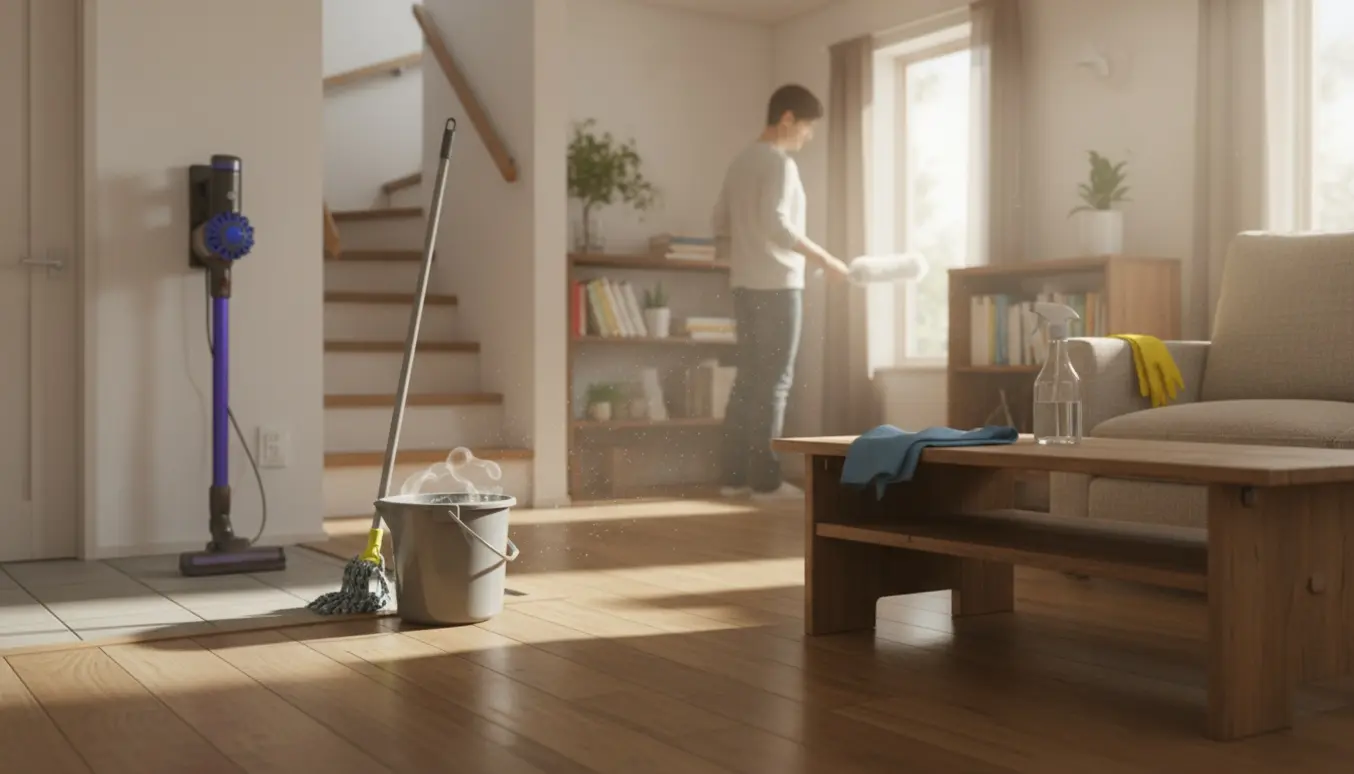 Solbeskinnet stue og entré i et lille to-etagers hus med moppe, støvsuger og rengøringsudstyr klar til weekendrengøring.