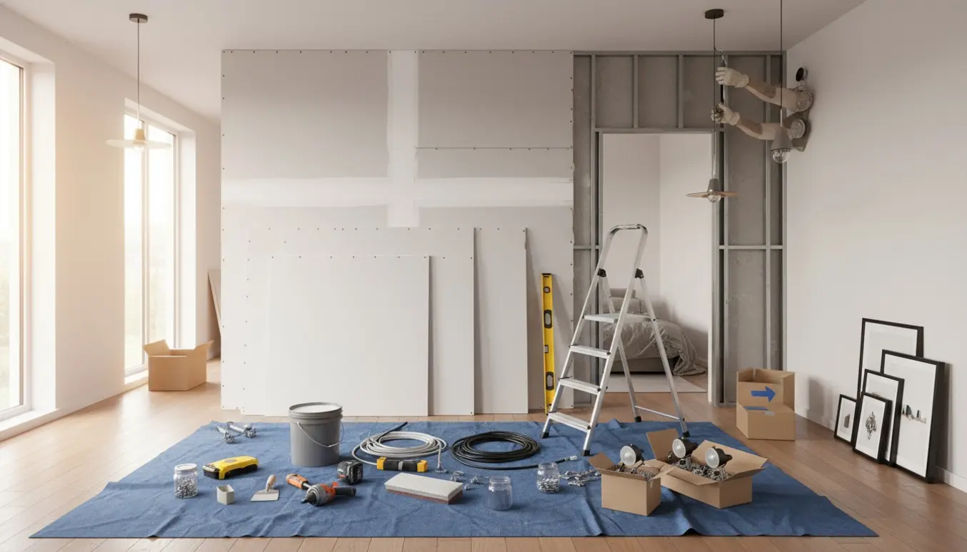 Halvfærdig væg med stabler af gipsplader, værktøj og lamper klar til montering i en lejlighed.