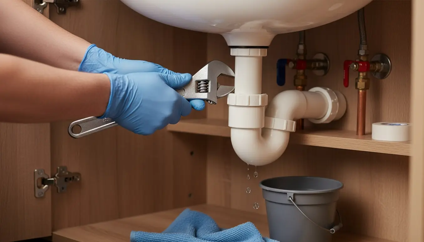 Hænder justerer et afløbsrør under vasken, så udgangen vendes mod kold- og varmtvandsrørene.