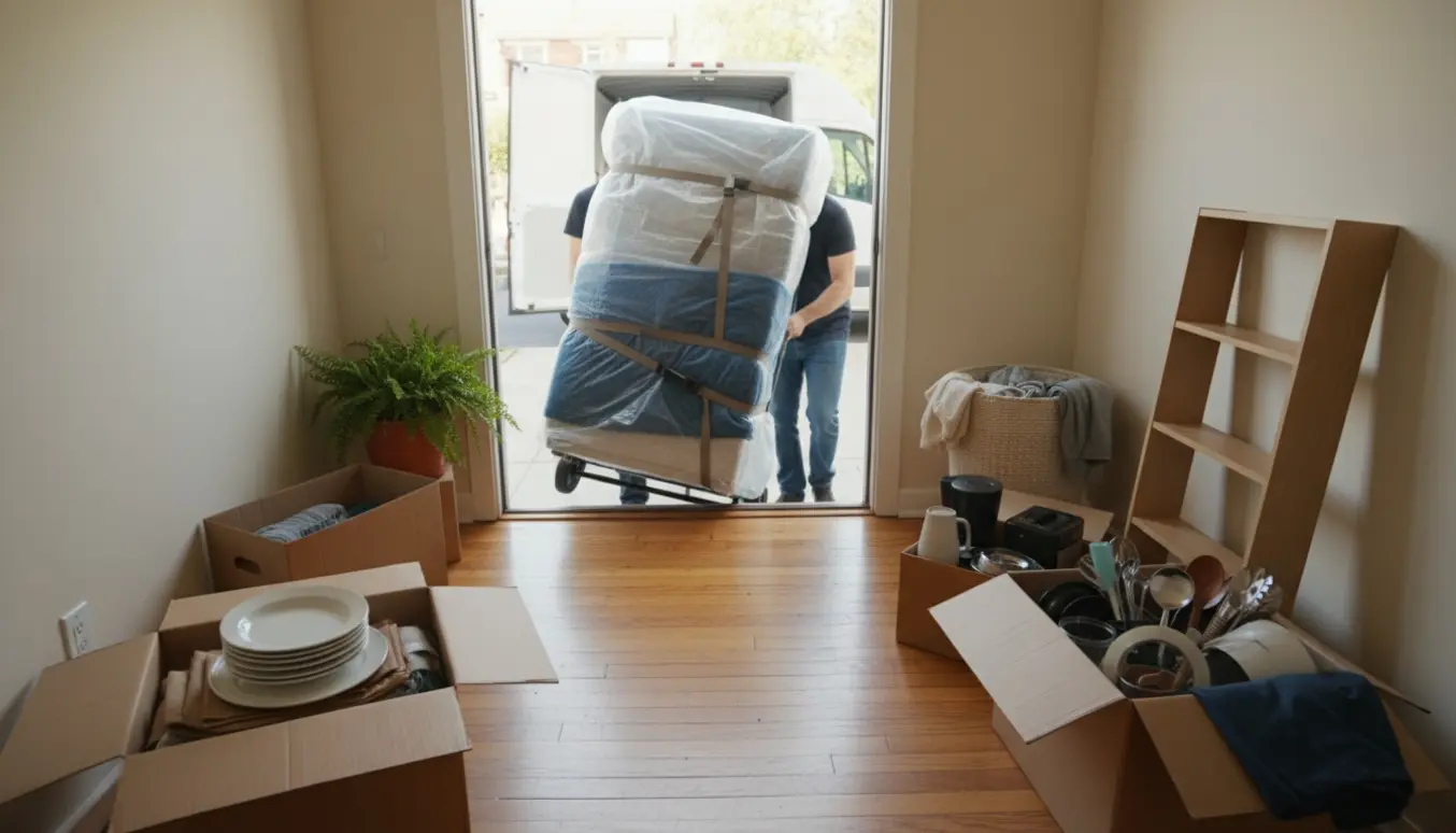 Flytteopgave med seng, vaskemaskine, kasser og tøj båret ud af en lejlighed mod en varebil.