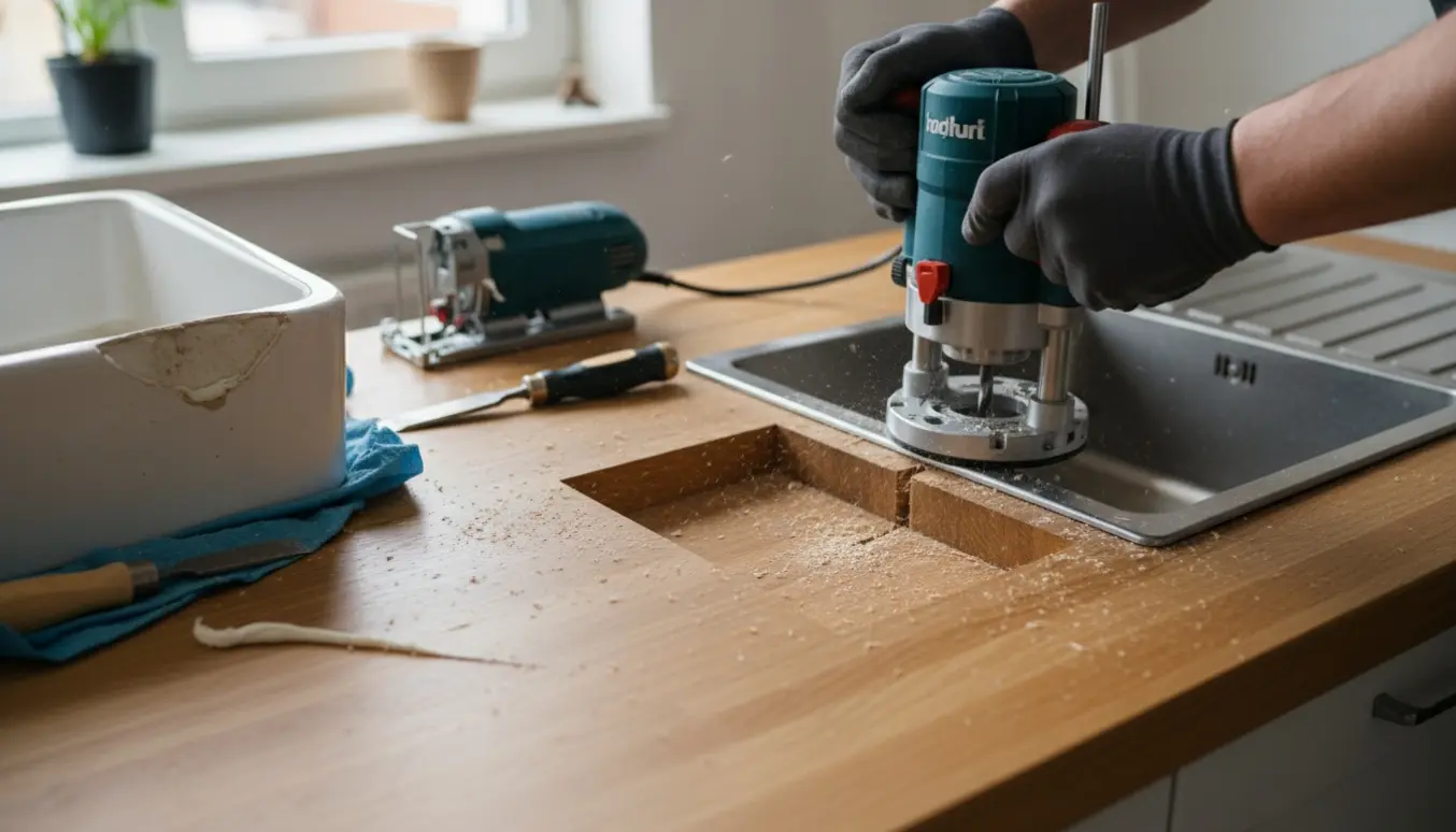 Hænder bruger en elektrisk fræser til at nedsænke en stålvask i en træbordplade med en gammel porcelænsvask og værktøj ved siden af.