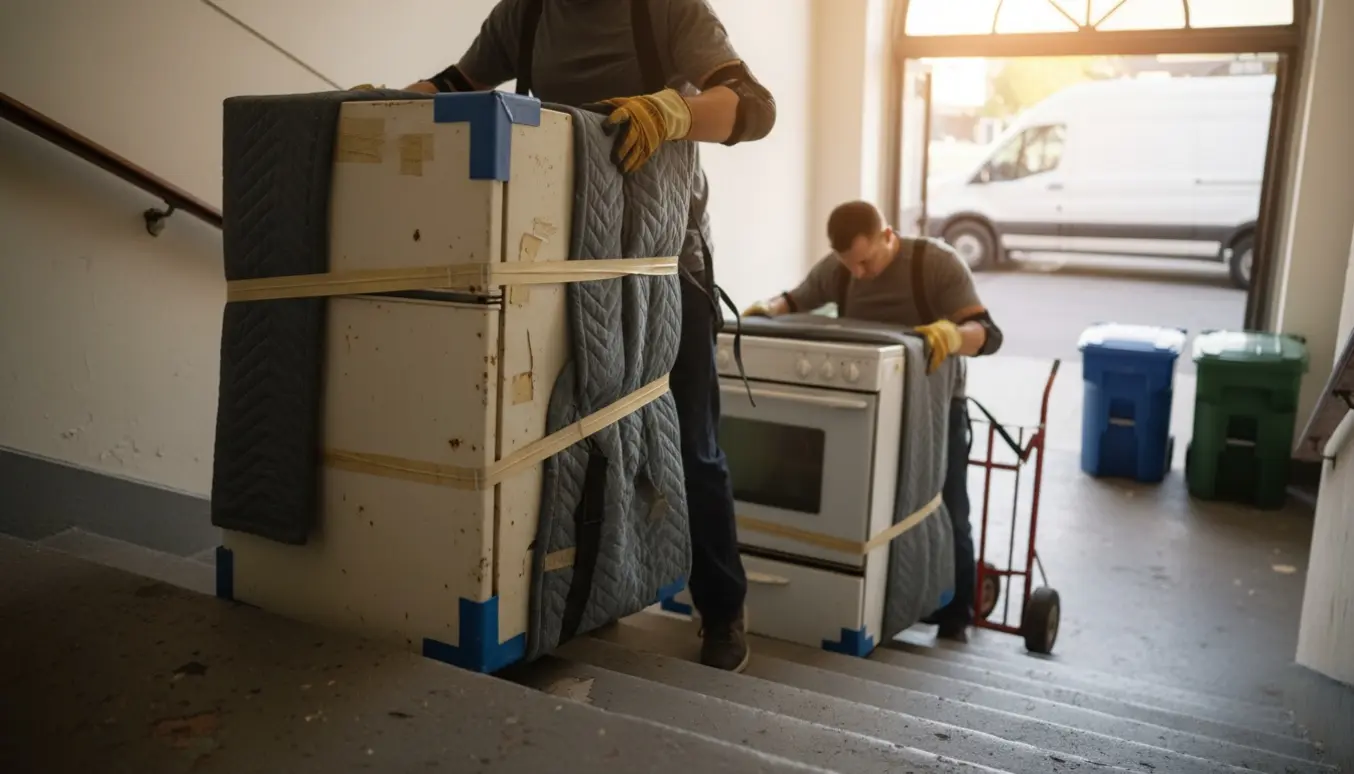Et gammelt køleskab og en gammel ovn bæres ned ad trappen mod en varevogn klar til aflevering på genbrugsstationen.