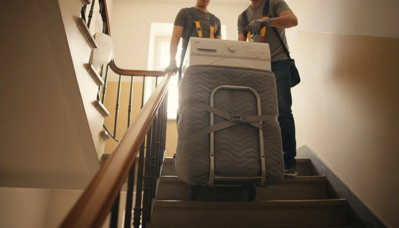 To mænd bærer en tørretumbler op ad en lejlighedstrappe med beskyttende tæppe og stropper.