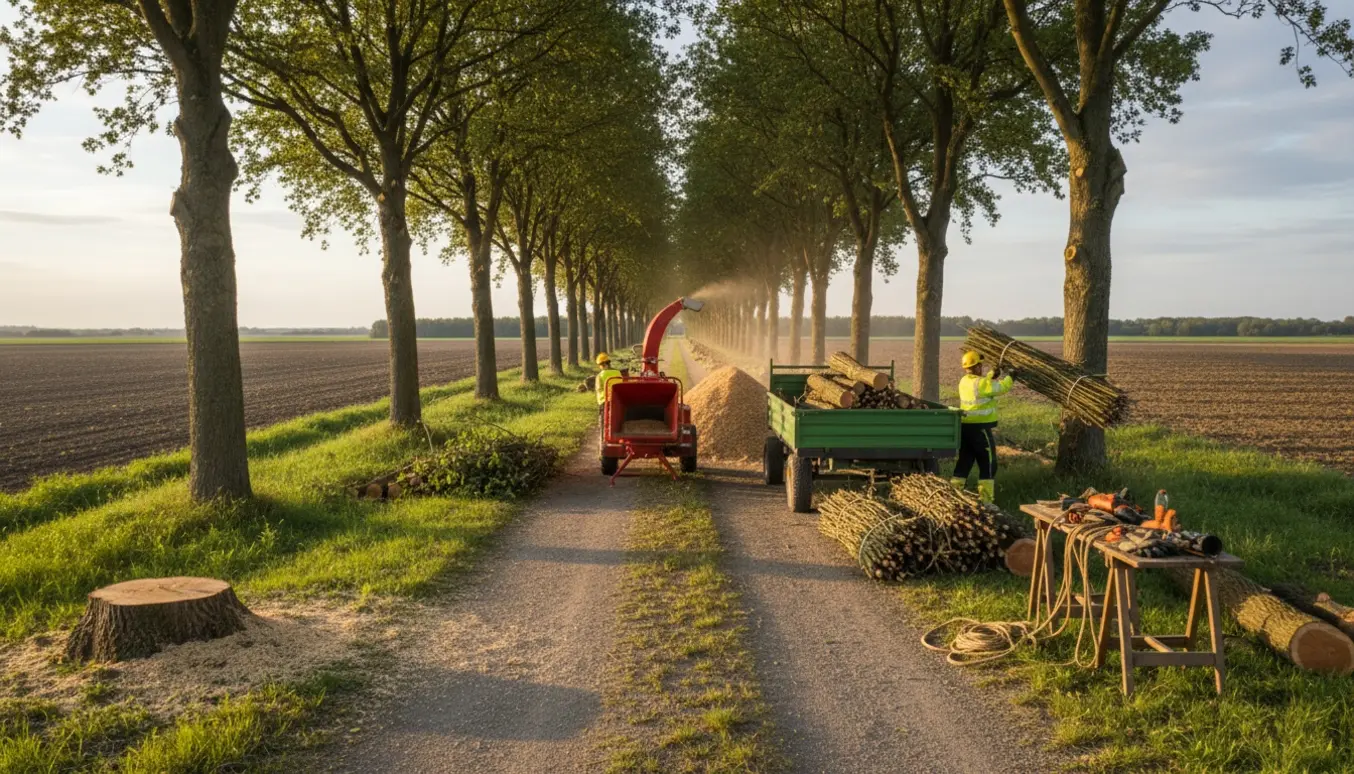 Fældning og fjernelse af en tre-rækkers læbælte med flishugger, stakke af træ og arbejdere i sikkerhedsudstyr.