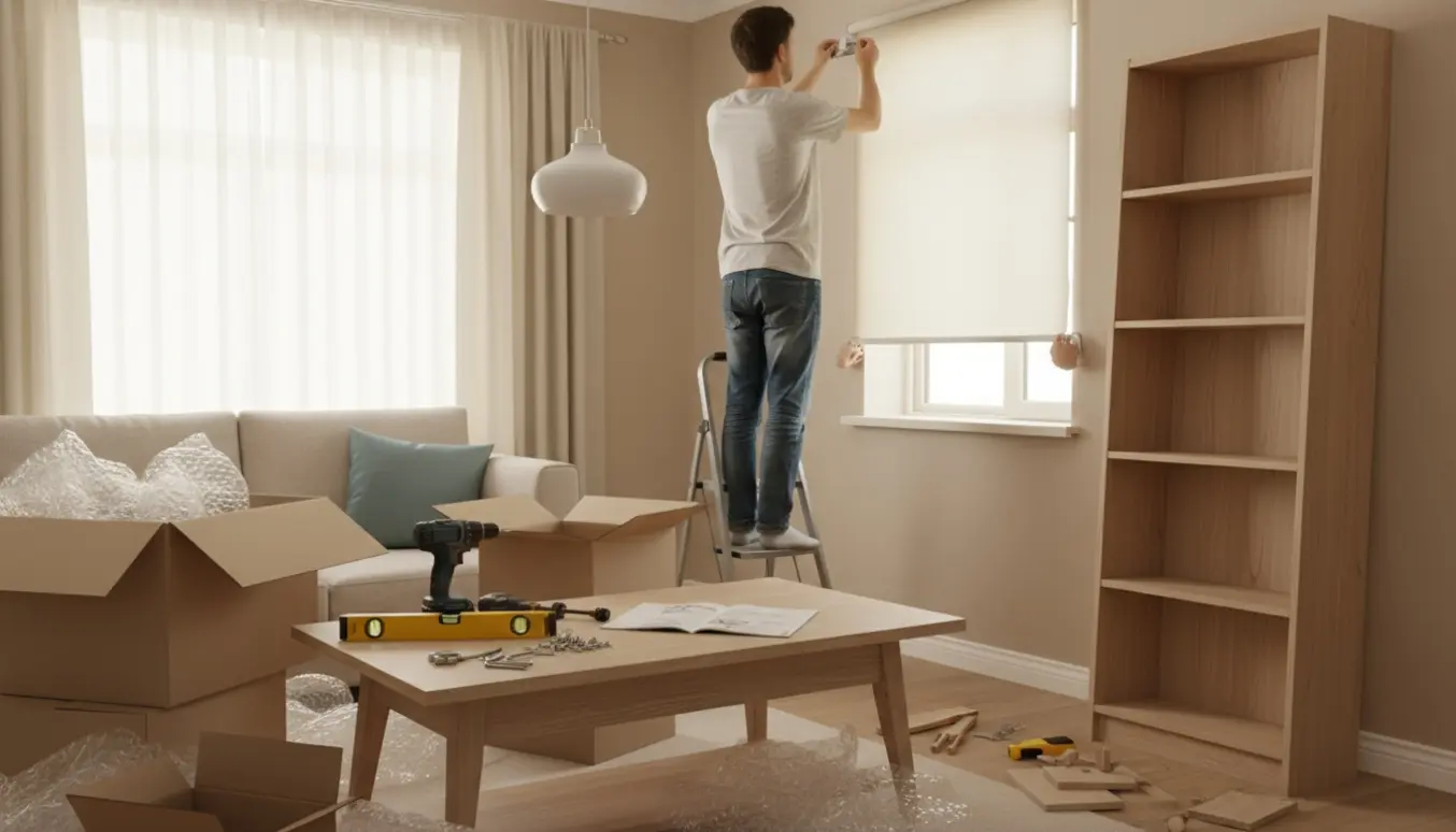 Nyindflyttet stue hvor hænder monterer lampe, persienner og møbler med værktøj og flyttekasser omkring.