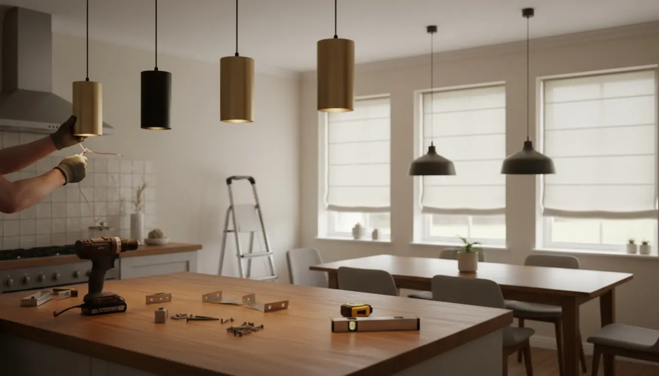 Nærbillede af montering af lamper og rullegardiner i et køkken-alrum med værktøj og hænder, ingen tydelige ansigter.