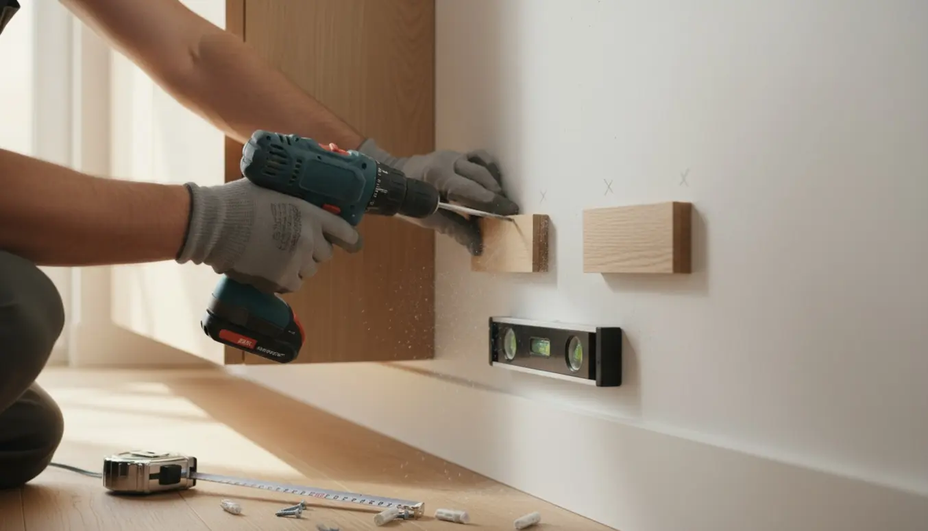 Hænder borer fire præcise huller i væggen for at montere to små træklodser til et skoskab.