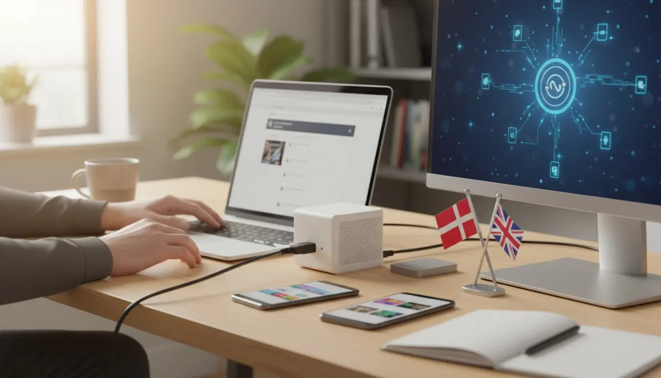 Nærbillede af hænder ved en bærbar og router, der illustrerer site-migration, DNS-ændring og tilføjelse af dansk sprog.
