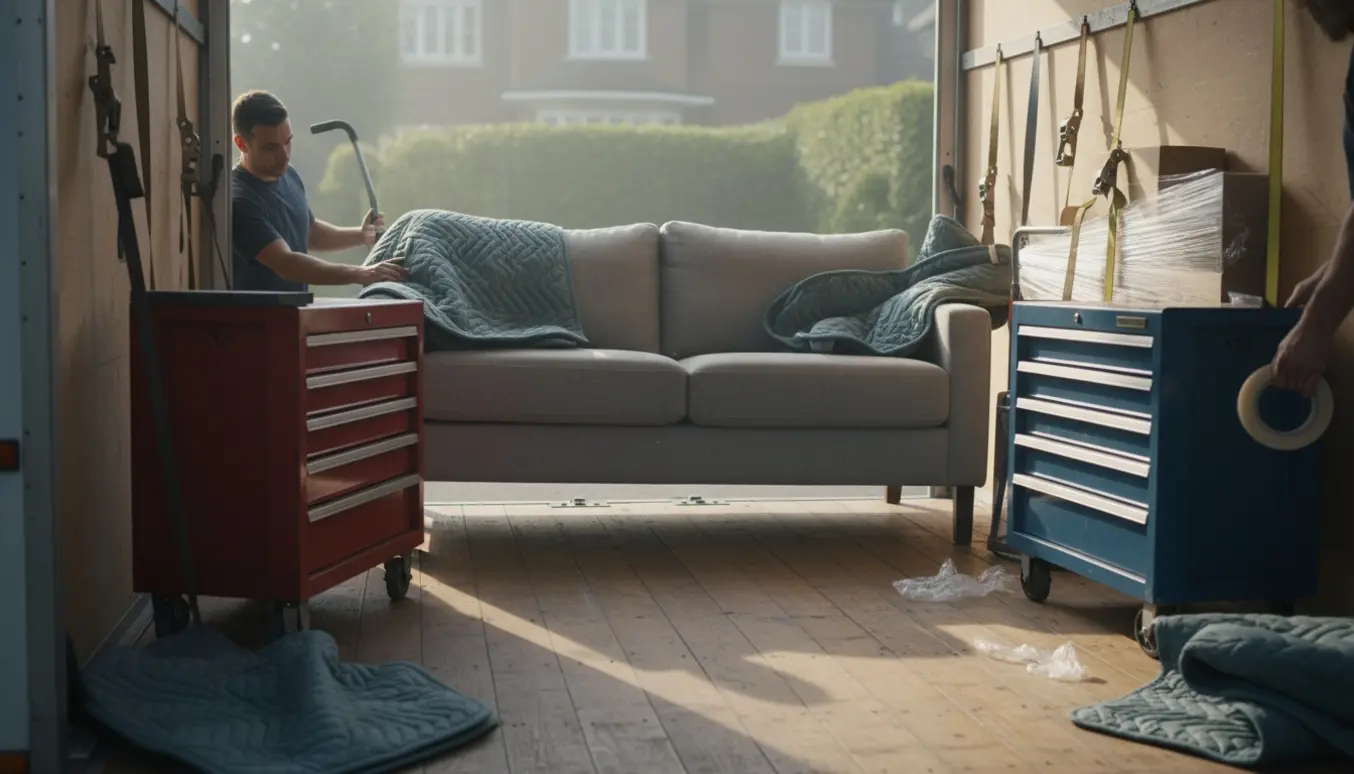 Sofa og to værktøjskabe læsses i en flyttebil med flyttekasser og tæpper på en rolig villavej.