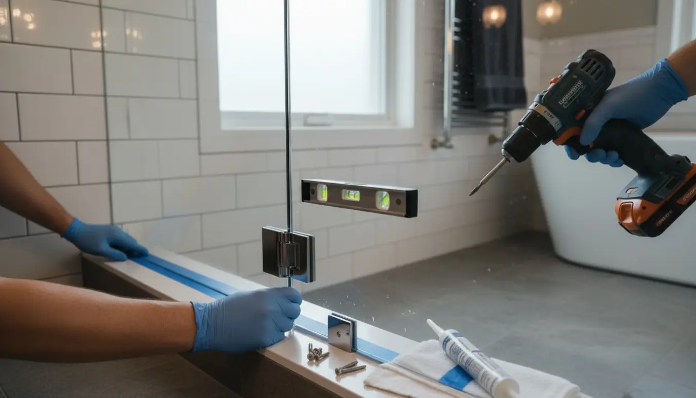 Montage af en glasdør i et moderne badeværelse med værktøj og hænder i fokus.