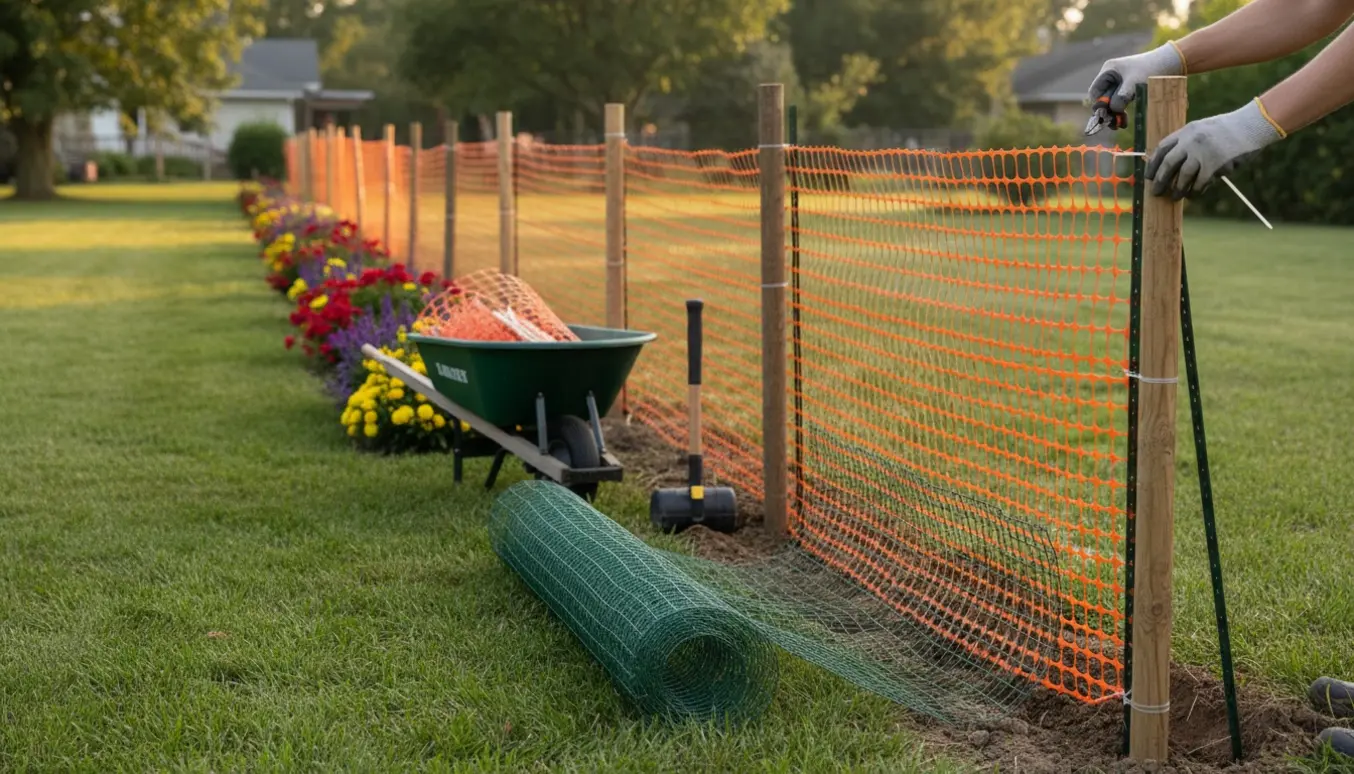 Midlertidigt budgetvenligt havehegn monteres med ruller hønsetråd, stolper og håndværktøj i en baghave.