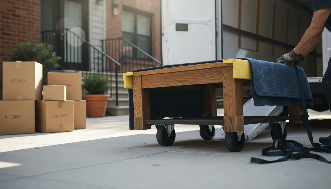 Et sofabord bæres ind i en åben flyttevogn fra en lejlighed med flyttetæpper og stropper på en solrig gade.