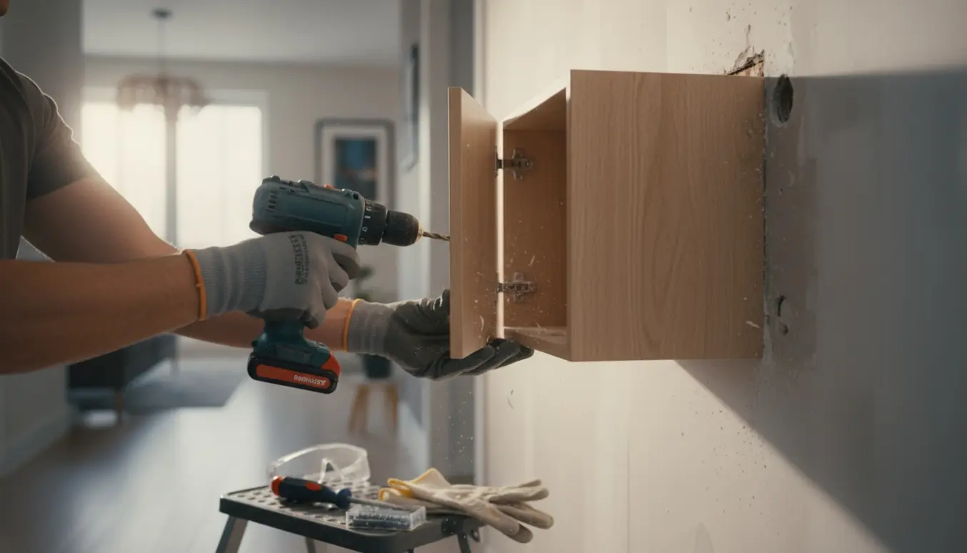 Hænder fjerner et lille vægskab med boremaskine og skruetrækker.