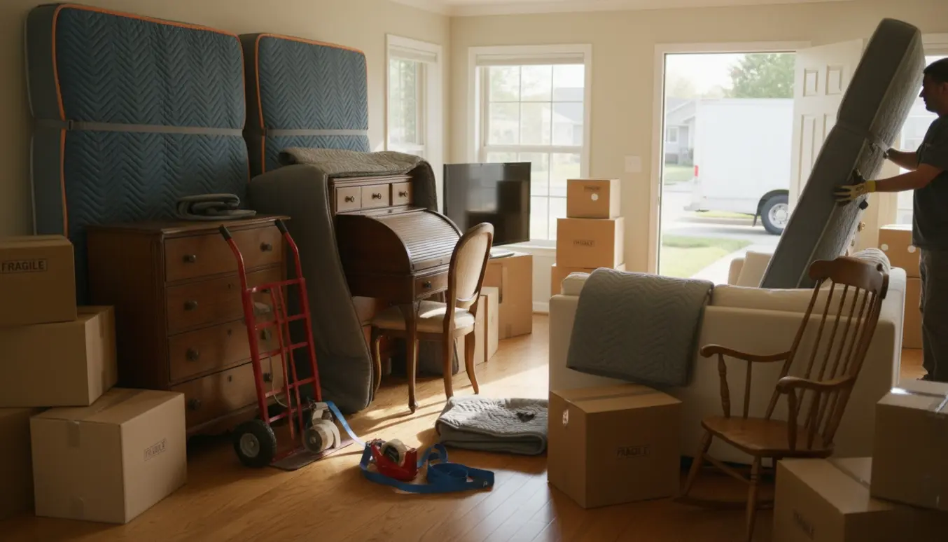 Møbler indpakket og stabler af flyttekasser ved en åben flyttevogn.