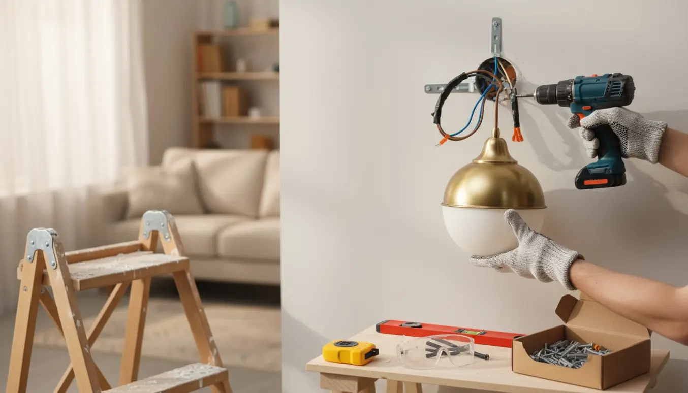 En håndværker monterer en tung lampe på en gipsvæg med boremaskine, ankre og monteringsbeslag.