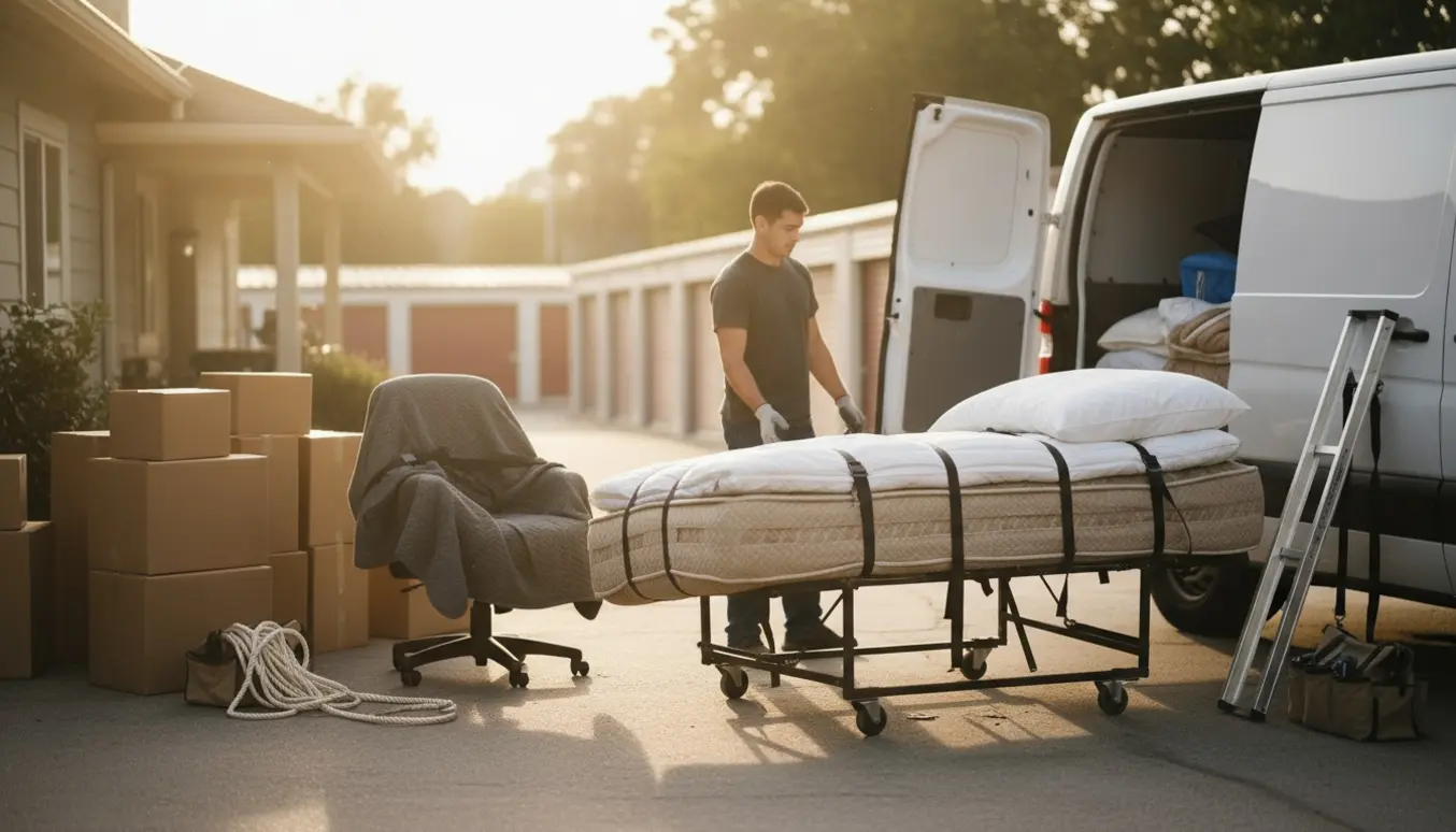 En varevogn lastes med en queen-size seng, topmadras, flyttekasser og en kontorstol klar til opmagasinering.
