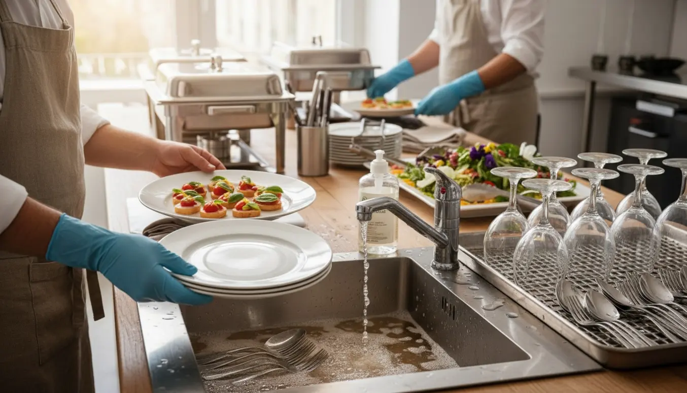 Hænder anretter canapéer og stabler rene tallerkener ved et serveringsbord med opvask og glas i et veloplyst køkken.