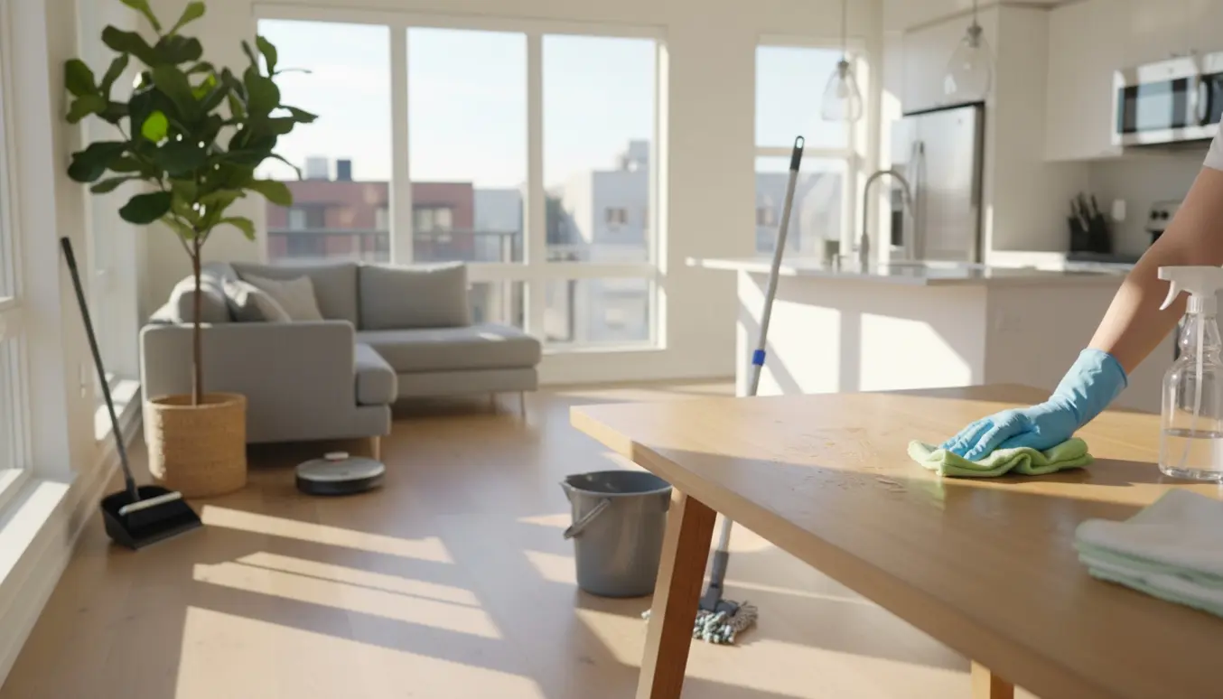 Gloveklædte hænder tørrer et spisebord af i en lys førstesals villalejlighed med støvsuger og rengøringsudstyr i baggrunden.