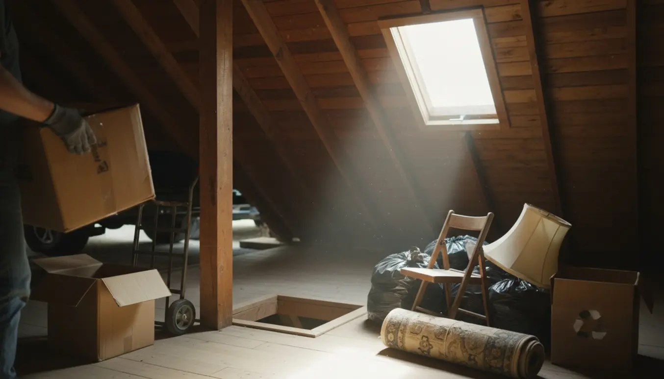 Et loft med handskerede hænder, der bærer en kasse mod en åben lem, omgivet af sække og møbler klar til bortkørsel.