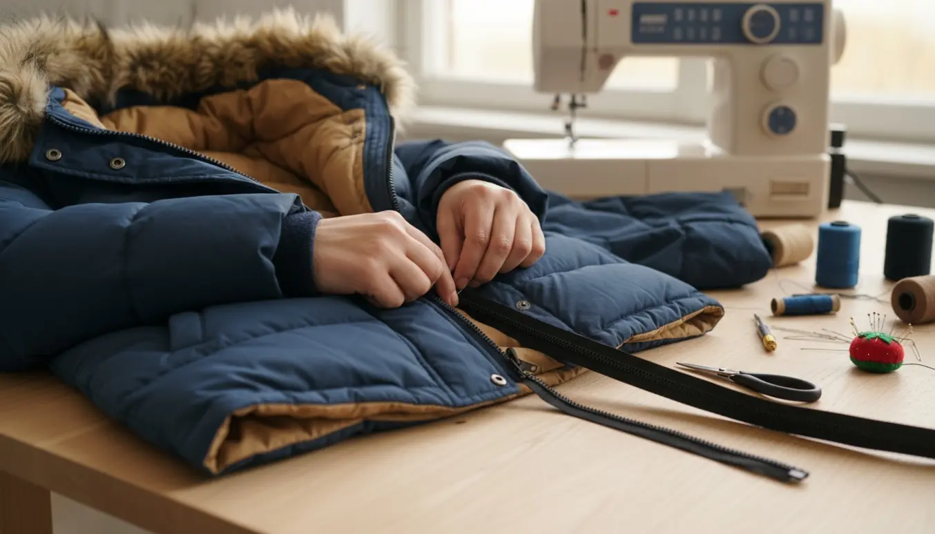 Nærbillede af hænder, der udskifter lynlåsen på en foret vinterparka på et lyst træbord.