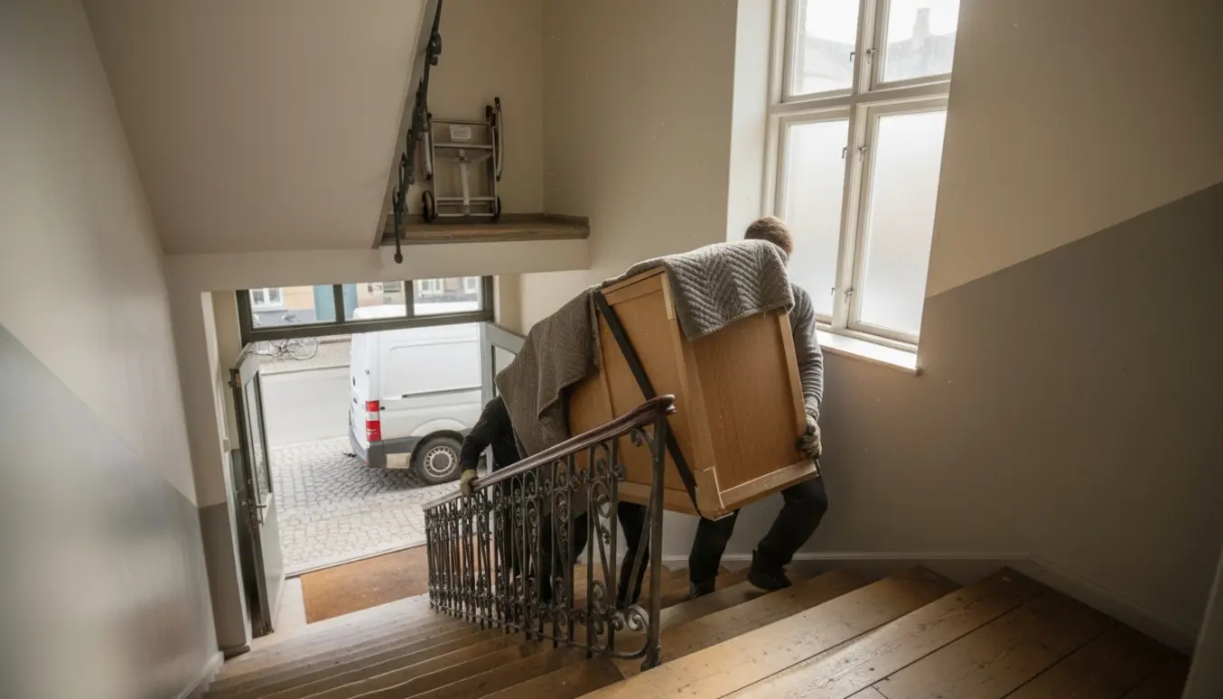 To flyttemænd bærer et træskab op ad en solbelyst, smal opgang i København med en flyttebil parkeret udenfor.