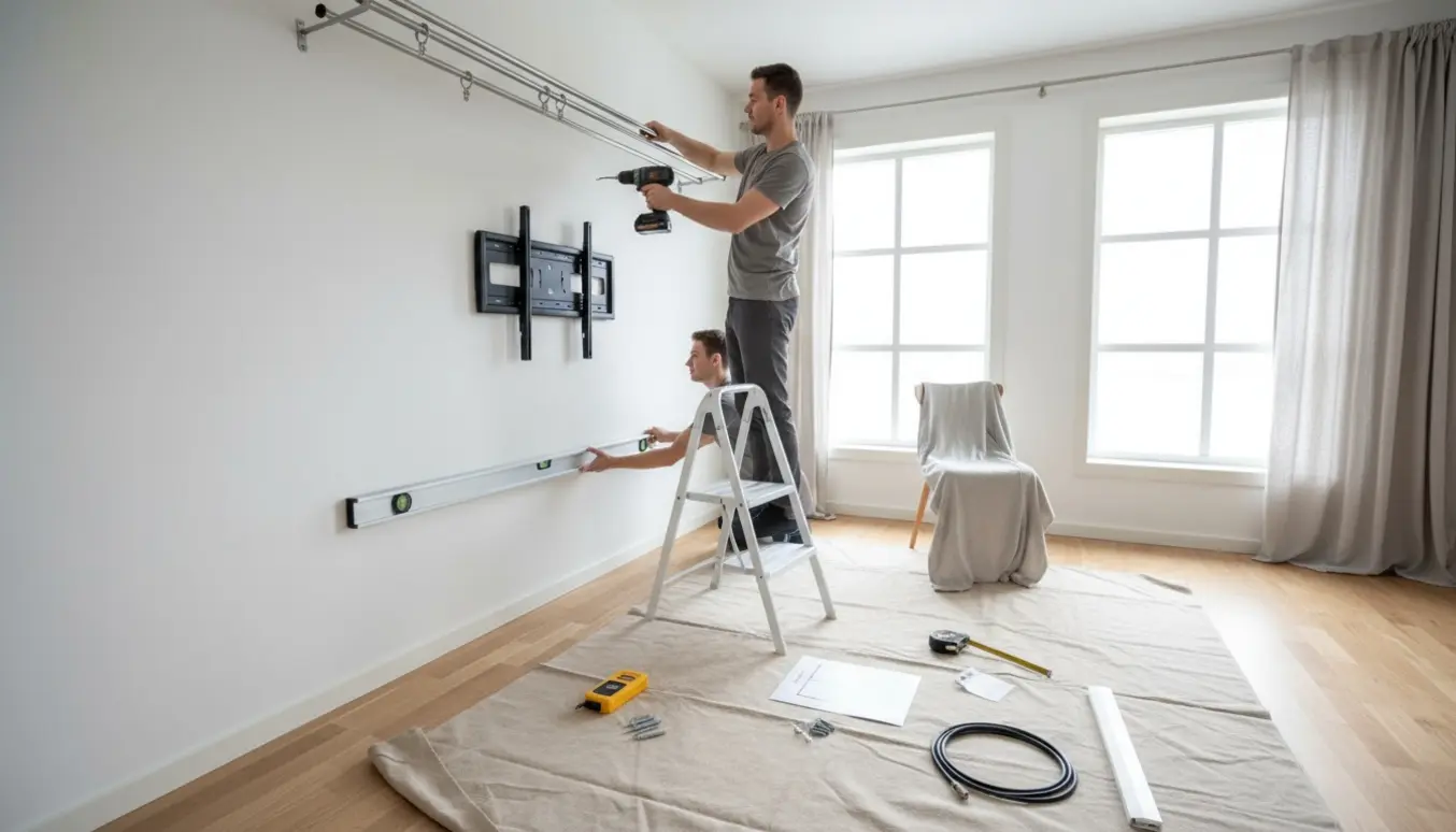 Hænder monterer en fladskærm og hænger tre gardinstænger op i en lys, skandinavisk stue.