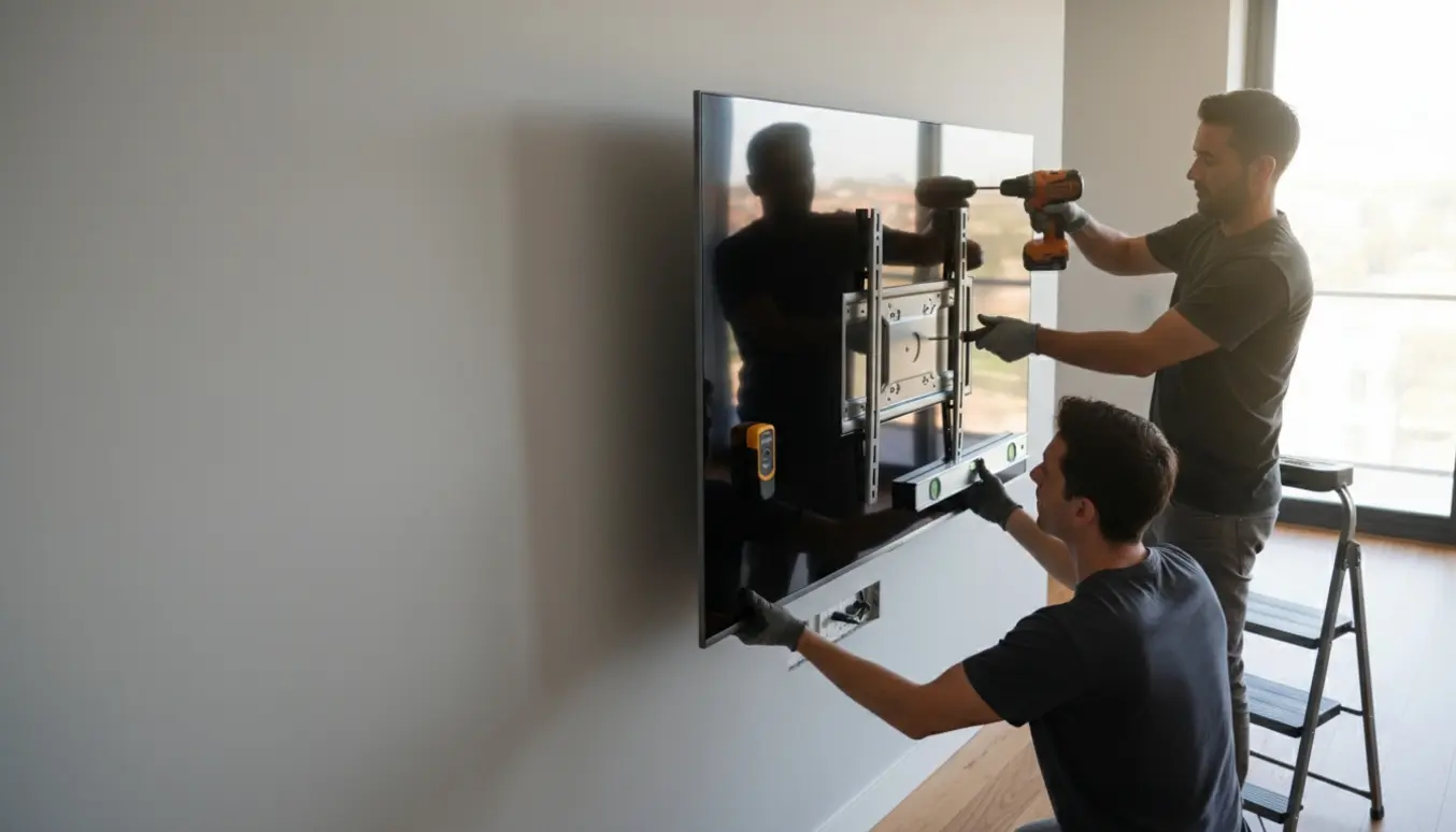 Hænder monterer et stort, slankt OLED-tv på en væg i en moderne stue.