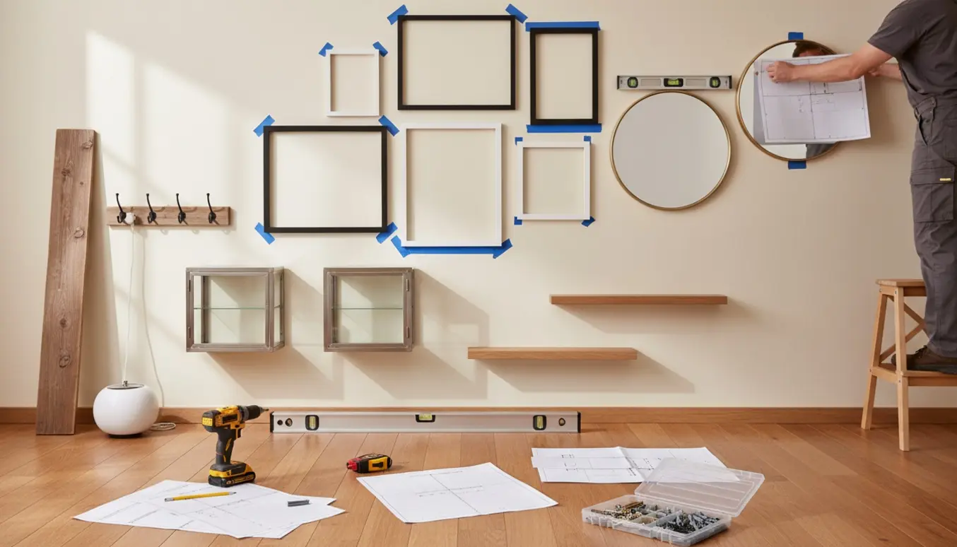 Hænger billeder, spejle og små vitrineskabe op på en lys væg med værktøj spredt på gulvet.