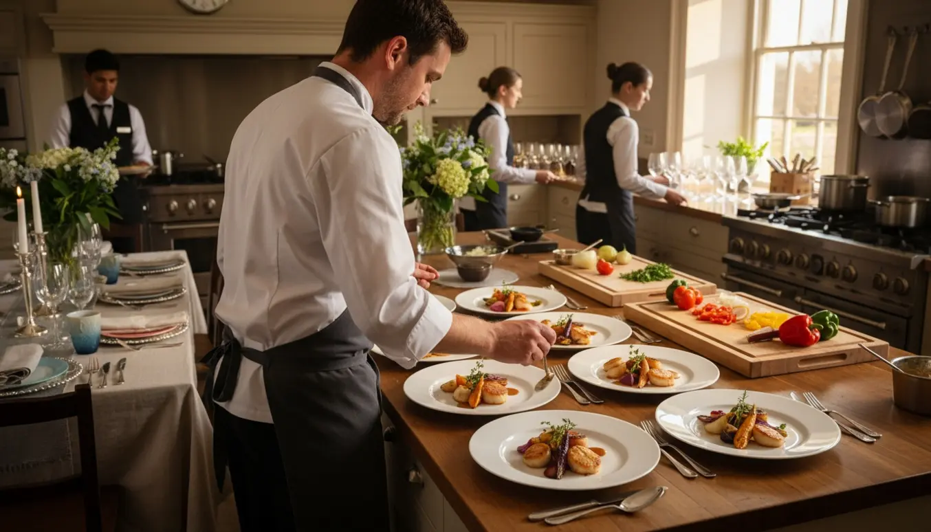 Kok anretter mad i et privat køkken til et sølvbryllup, mens serveringspersonale arbejder i baggrunden.