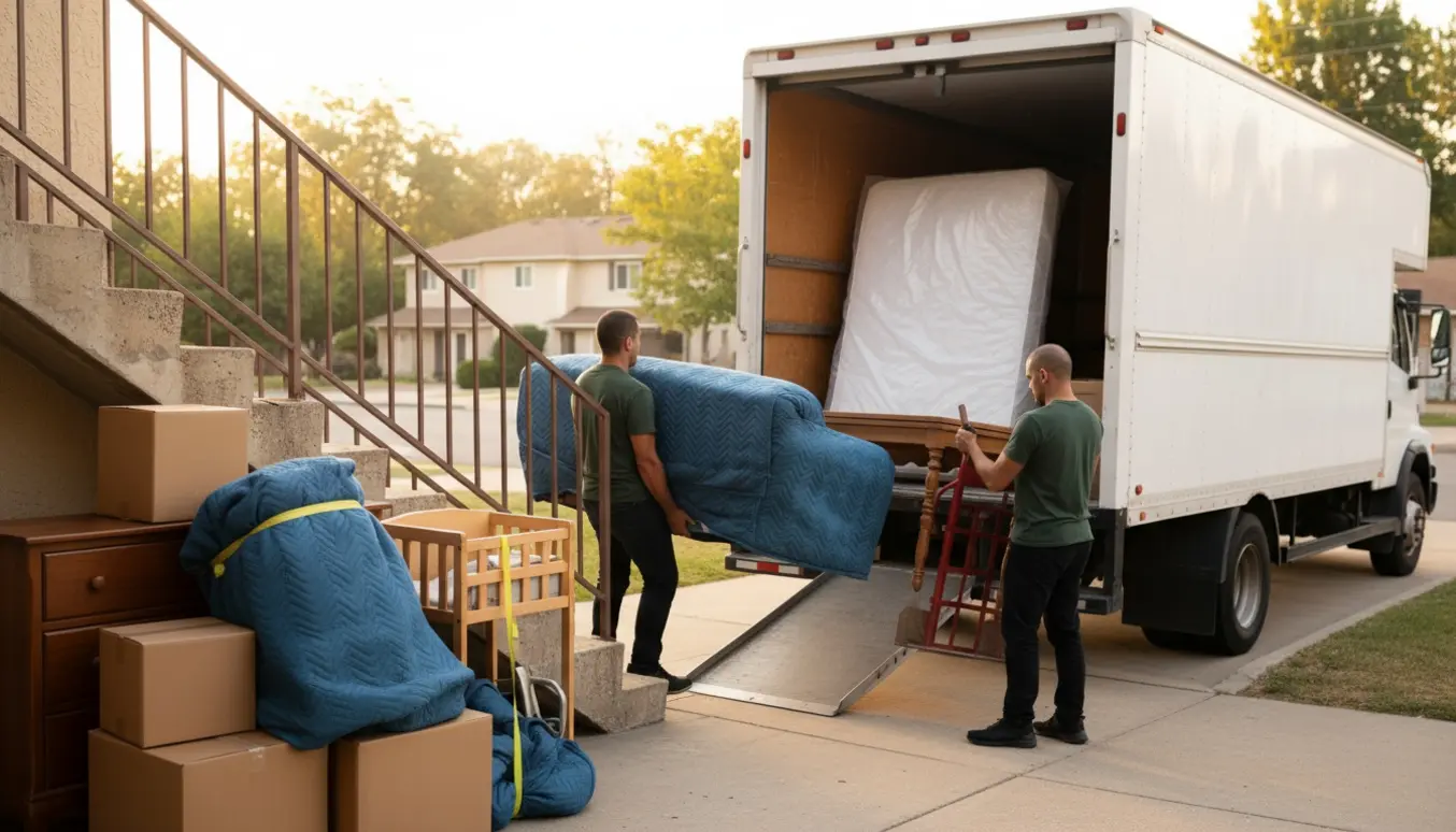 To flyttefolk bærer en indpakket sofa ned ad trappen mod en åben flyttebil omgivet af møbler og flyttekasser.