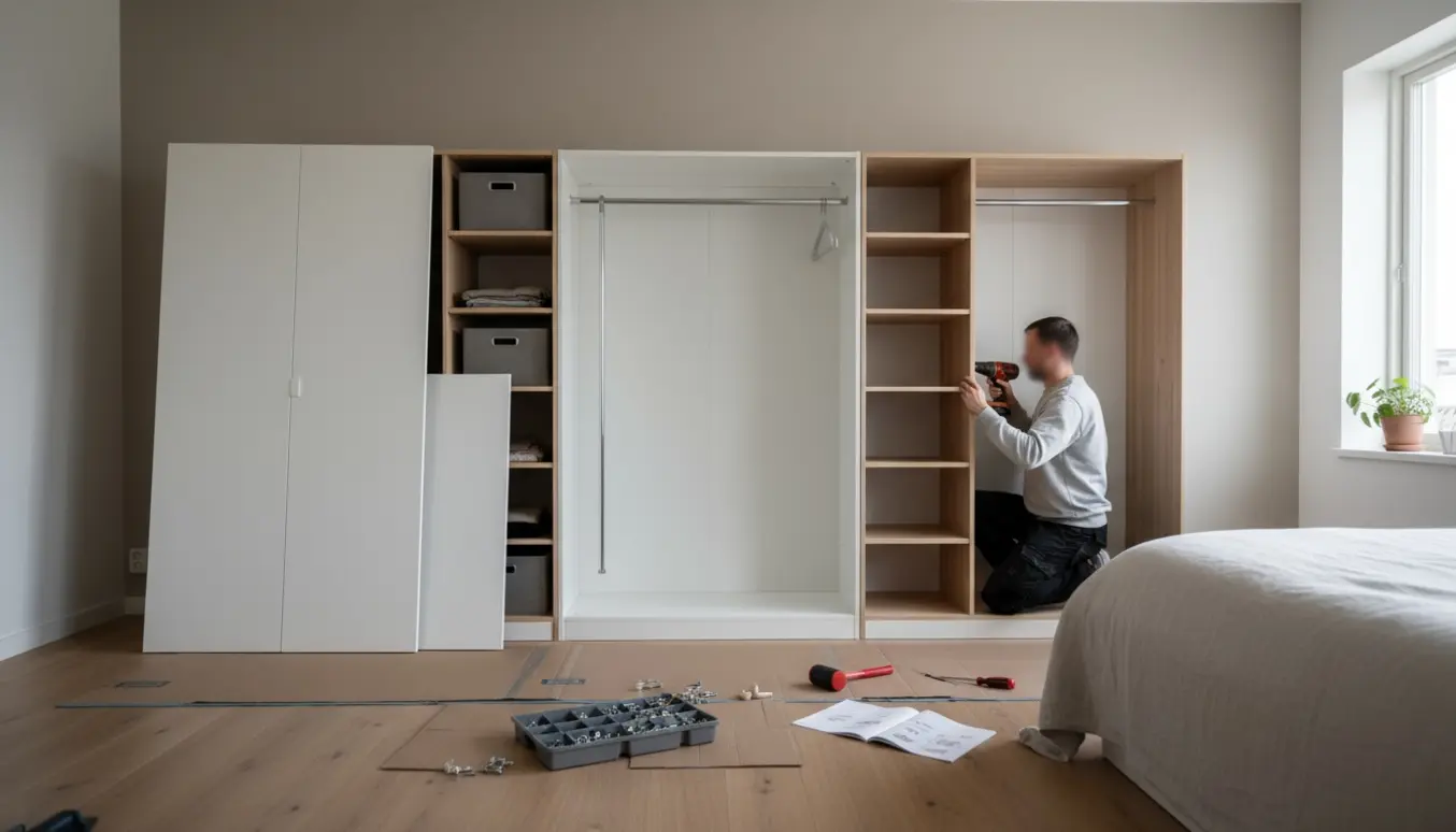 Tre PAX-lignende garderobeskabe under montering i et lyst soveværelse, hænder arbejder med skruemaskine og værktøj.