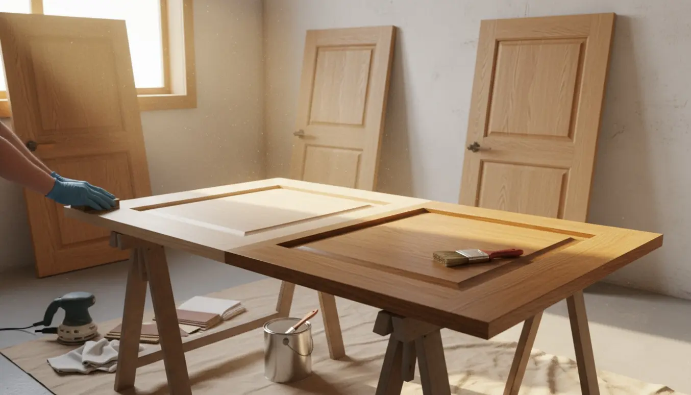 Nærbillede af slibning og oliering af egetræsdør med værktøj i et lyst værksted.