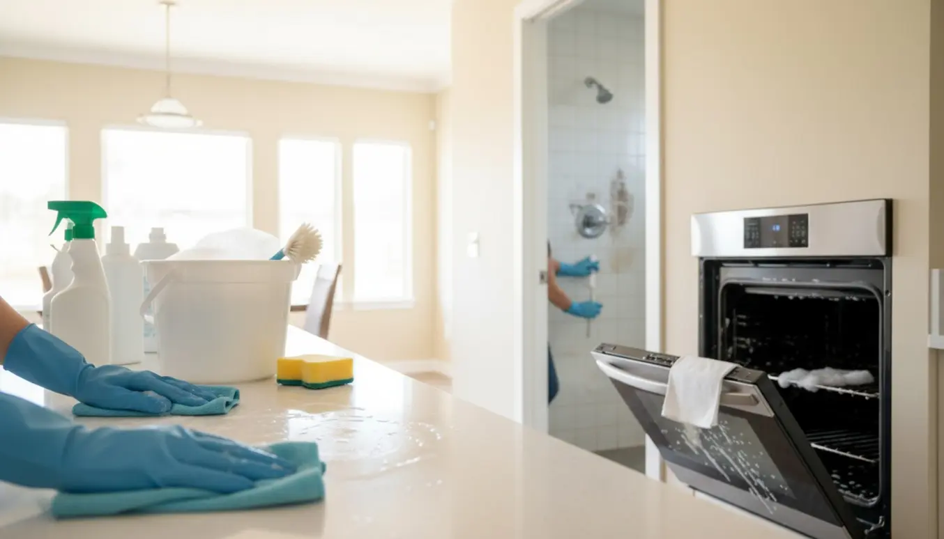 Gloved hænder rengør køkkenbord, åben ovn og afkalket bruseområde i et lyst, rummeligt hjem.