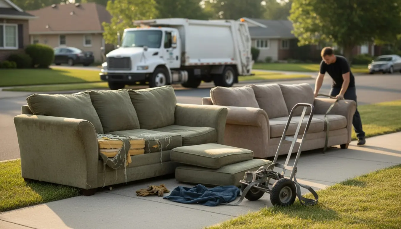 To sofaer ved fortovet klar til storskrald med dolly, stropper og arbejdshandsker i baggrunden.