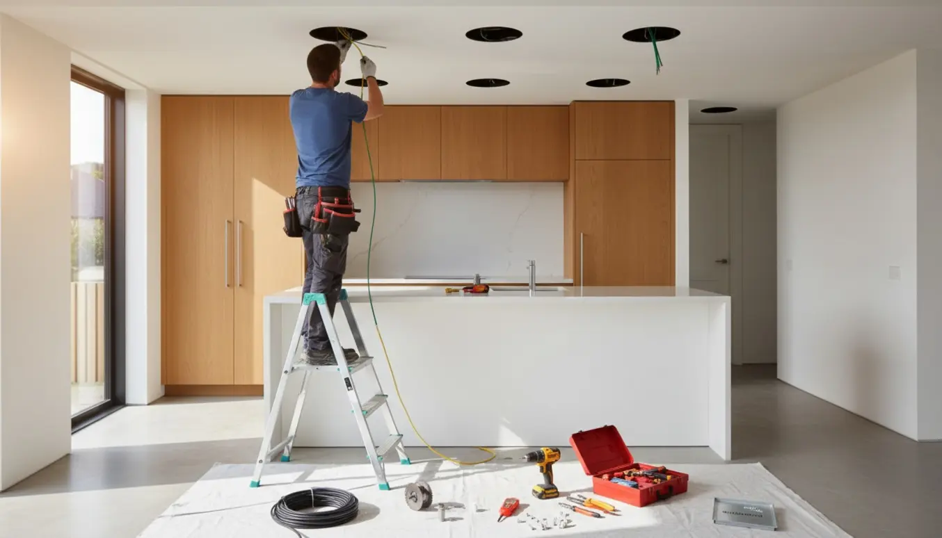Elektriker på stige trækker kabler til indbyggede spots i køkkenets loft med værktøj ved siden af.
