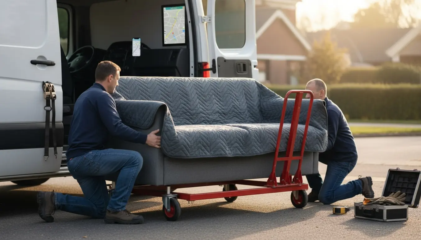To flyttemænd læsser en indpakket sofa ind i en varevogn på en stille indkørsel.
