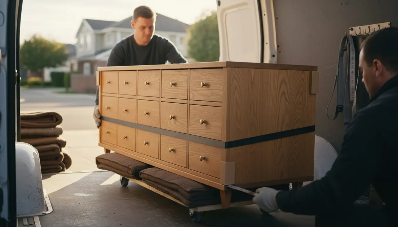 To personer læsser en 134 cm bred skænk med 15 skuffer ind i en flyttebil.