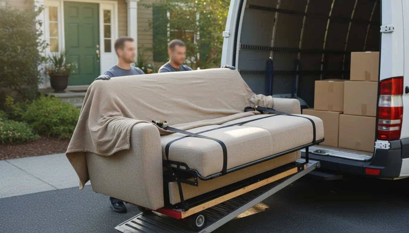 En sovesofa dækket med flyttevatt bæres ind i en flyttevogn på en solrig forhave, ansigter ude af fokus.