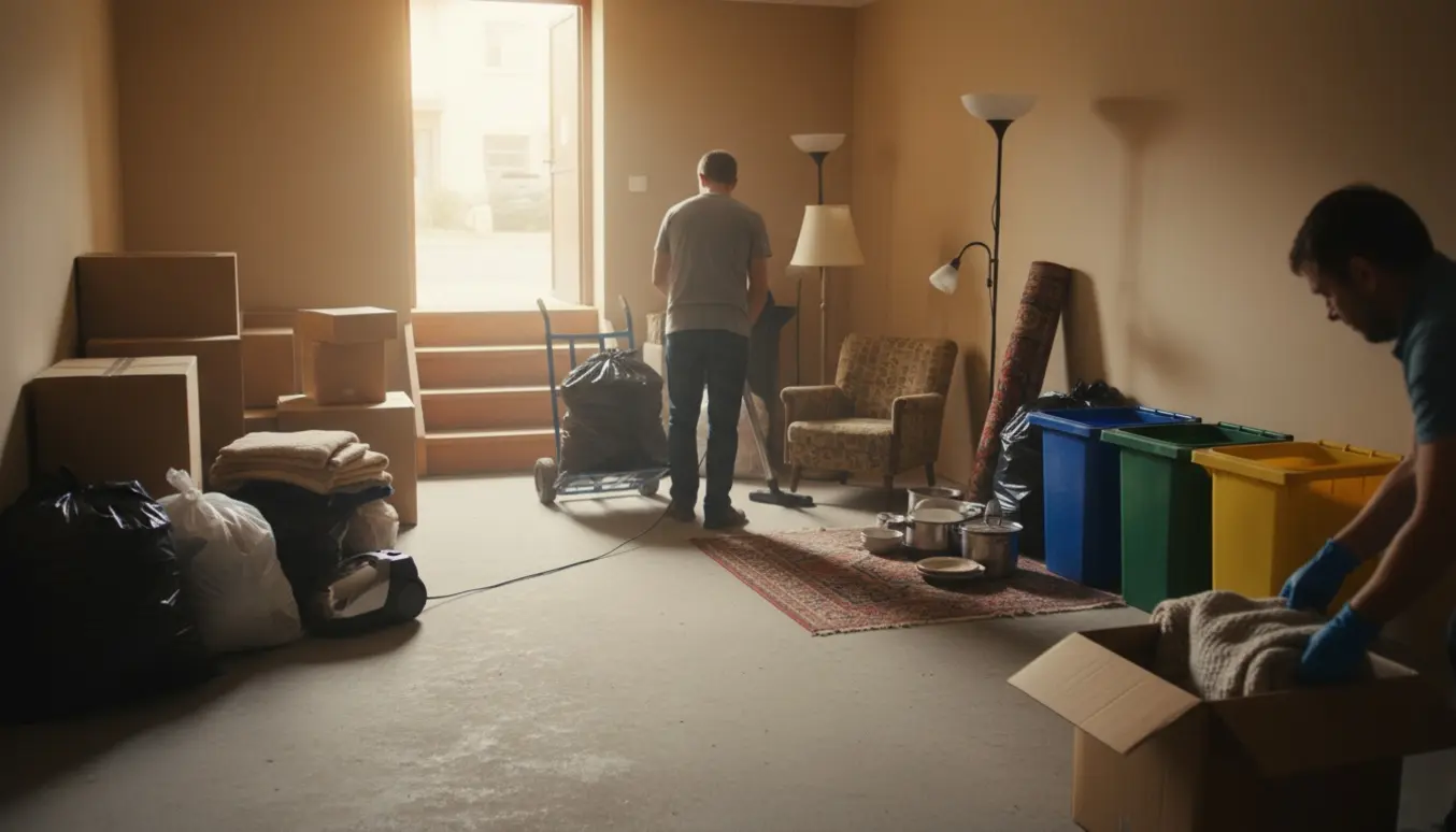 Kælder på ca. 15–20 m² ryddes med stabler af kasser og sække klar til genbrug, en person støvsuger med ryggen til.